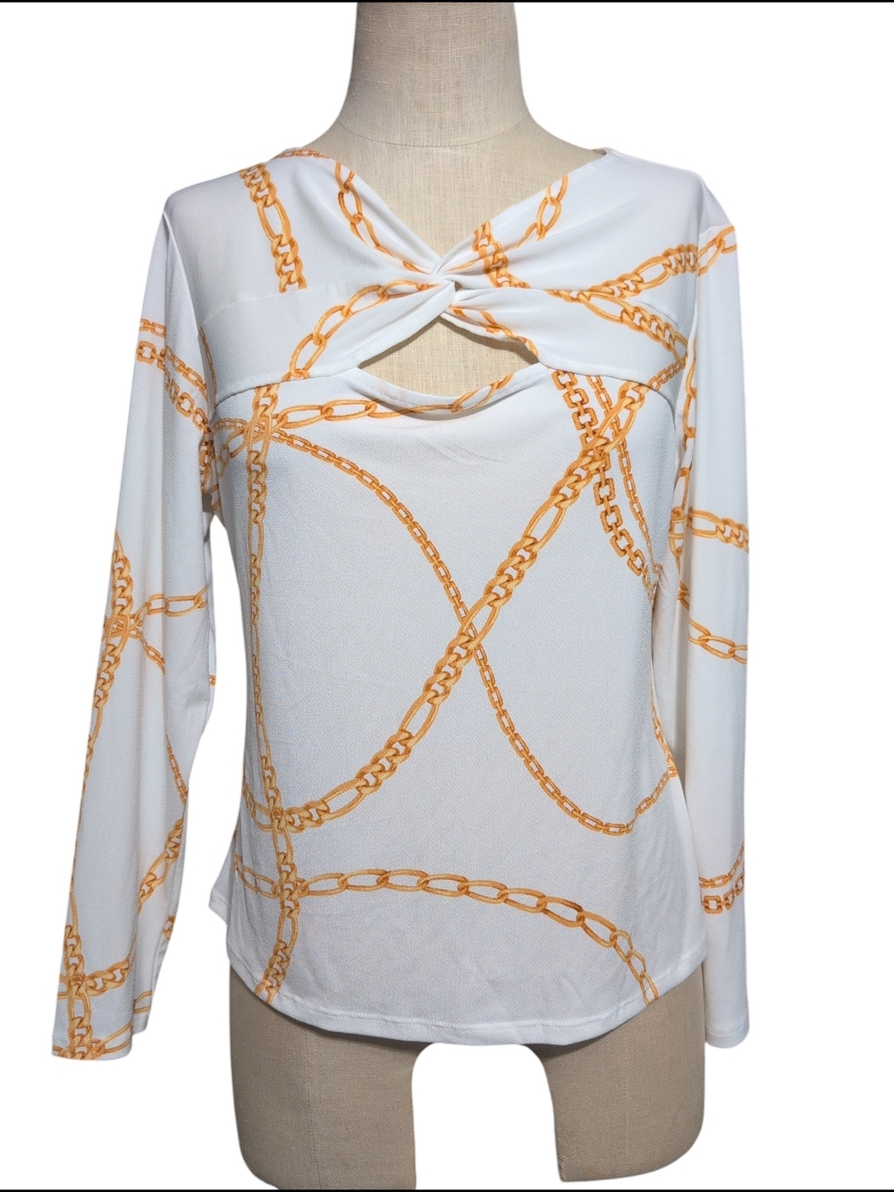 Nwt BOLD elements White Long Sleeve Twist-Front Top with Gold Chain Print PL